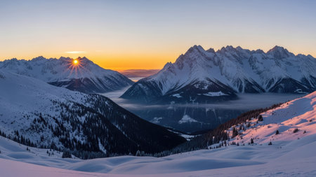 Sunrise in the winter mountains. Sunrise in the mountains. Beautiful winter landscape.の素材