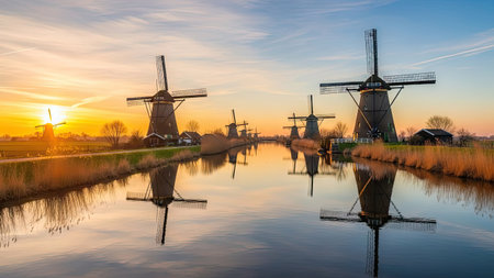 Traditional dutch windmills at sunset in Kinderdijk, Netherlandsの素材