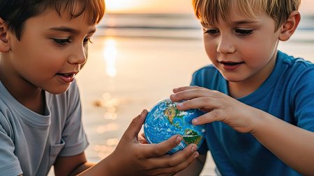 Two boys are holding a globe in their hands on the beach.の素材