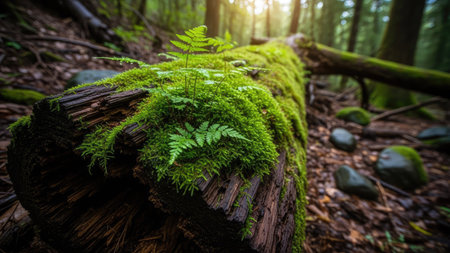 Green ferns growing on a fallen tree in the forest.の素材
