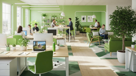 Modern office interior with green walls, wooden floor, green armchairs and computers on the table. Business people working together.の素材