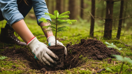 Female hands in gloves planting a small tree in the forest. Concept of environmental conservationの素材