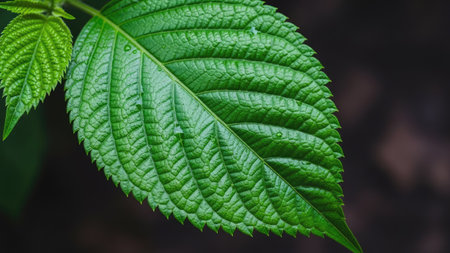 Green leaf with water drops, close-up. Natural background.の素材