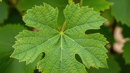 Close up of grape leaf in the vineyard on a sunny dayの素材