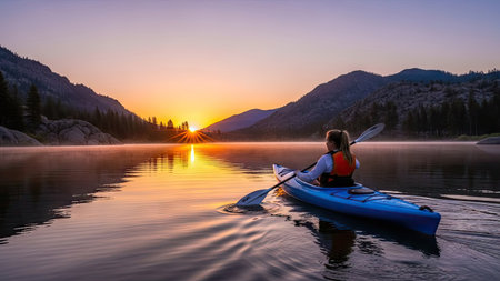 Young woman kayaking on calm lake at sunset with mountains in backgroundの素材