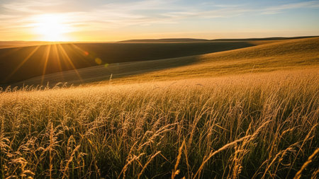 Sunset over a wheat field in Tuscany, Italy.の素材