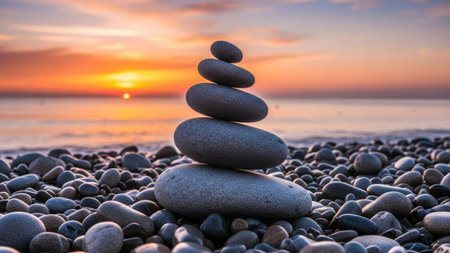 zen stones on the beach at sunset, concept of balance and harmonyの素材