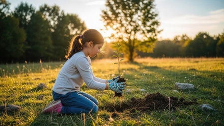 Cute little girl planting a tree in the garden at sunset.の素材