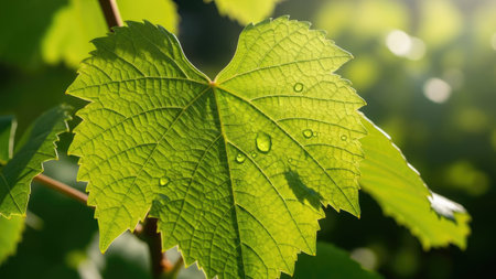 Green grape leaf with water drops close-up. Nature background.の素材