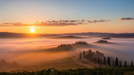 Sunrise over Tuscany landscape with cypress trees and fieldsの素材
