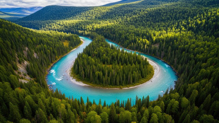 Aerial view of the turquoise waters of the Chuya River in the Altai Republic.の素材