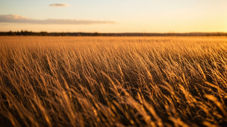 Sunset over a field with ears of wheat in the foreground.の素材