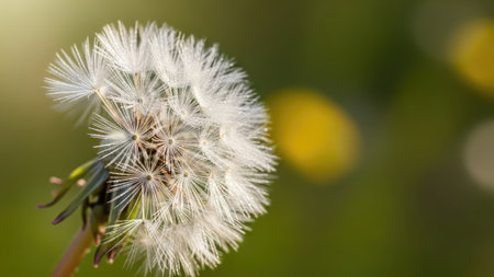 Dandelion seeds on green background. Shallow depth of field.の素材