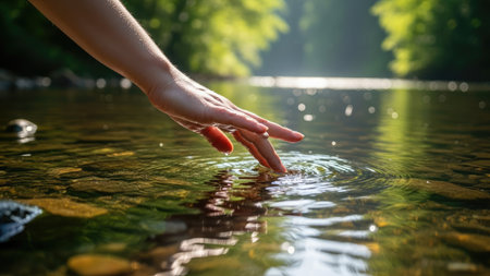 Female hand reaching for a drop of water in a mountain river.の素材