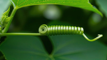 close up of a green spiral tendril on a plant in natureの素材