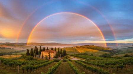 Rainbow over a vineyard in Tuscany, Italy.の素材