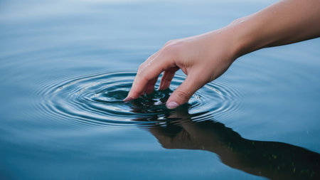 Human hand in the water with ripples on the water surface.の素材