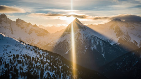 Sunset in the mountains. Beautiful winter landscape with sunbeamsの素材