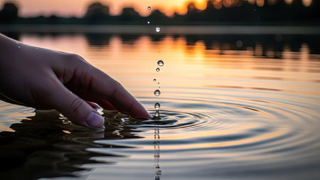 Water drop falling into the water with sunset in the background, selective focusの素材