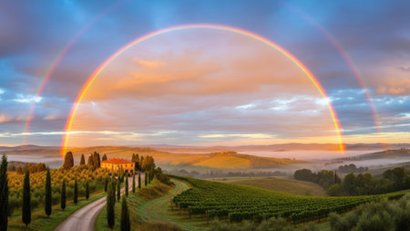 Rainbow over the vineyards of Tuscany, Italy.の素材