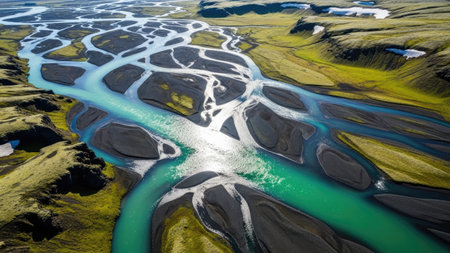 aerial view of icelandic landscape with river and volcanic tundraの素材