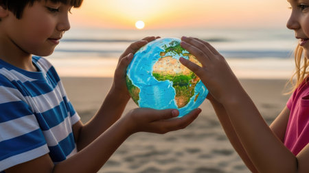 Children holding planet earth on the beach at sunset time. Save the planet conceptの素材