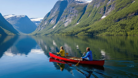Young couple kayaking on the fjord in Norway, Scandinaviaの素材