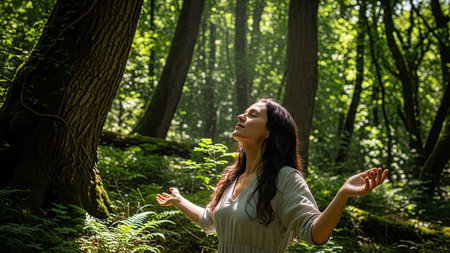 Woman meditating in the forest, breathing fresh air and enjoying nature.の素材