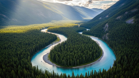Aerial view of Katun river in Altai mountains, Russiaの素材