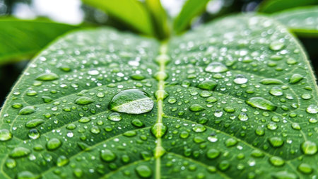 Water drops on green leaf after rain. Natural background with copy space.の素材