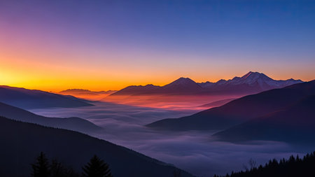 Sunrise in the mountains with fog and clouds in the foreground.の素材
