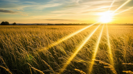 Sunset or sunrise in an agricultural field with ears of young golden rye or wheat and a blue sky with clouds. Landscape.の素材