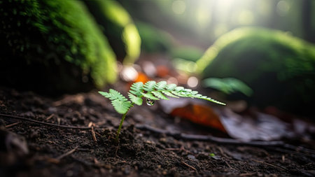 Young sprout growing from the ground in the forest. Ecology conceptの素材