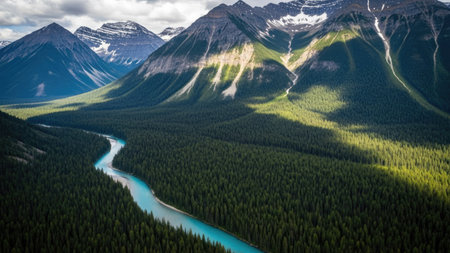 Panoramic view of the river and mountains in the Canadian Rockiesの素材