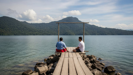 Man and woman sitting on the wooden bridge over the lake in Thailandの素材