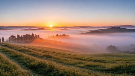Sunrise in Tuscany, Italy. Panoramic viewの素材