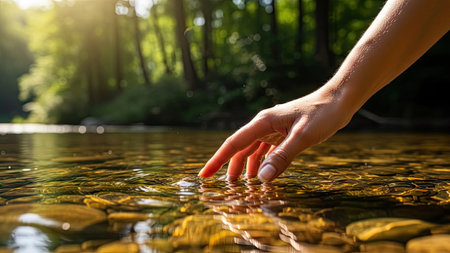 Woman's hand in the water on the background of the forest.の素材