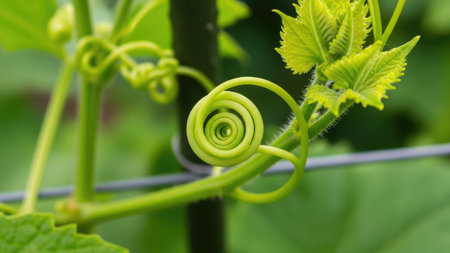 Green vine tendril on a vine in a vineyard in springの素材