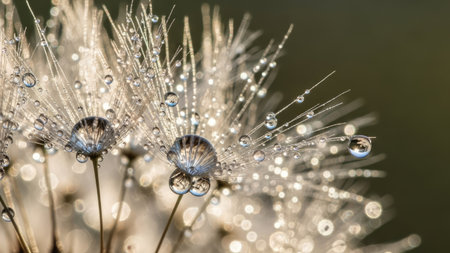 Dandelion seeds with dew drops close-up macro photographyの素材