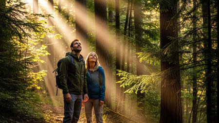 Couple hiking in the forest with backpacks and looking at cameraの素材