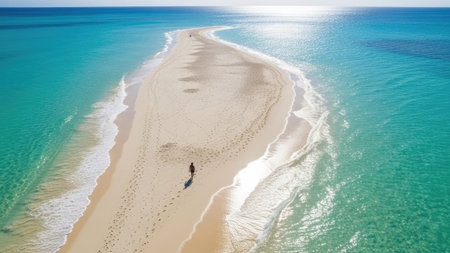 Aerial view of a man walking on a sandy beach in Australiaの素材