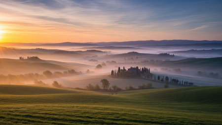 Sunrise over Tuscany, Italy. Beautiful morning landscape.の素材