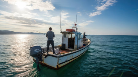 Fisherman fishing on a boat in the Adriatic Seaの素材
