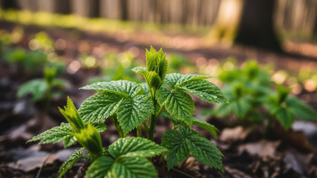 Young green sprouts of a raspberry plant in the spring forest.の素材