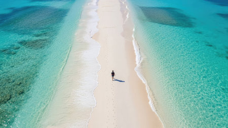 Aerial view of man walking on a tropical beach in Maldivesの素材
