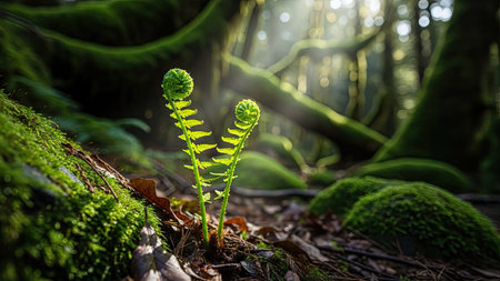 Young fern growing in a mossy forest with sunlight in the backgroundの素材