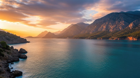 Panoramic view of Kotor bay at sunset, Montenegroの素材