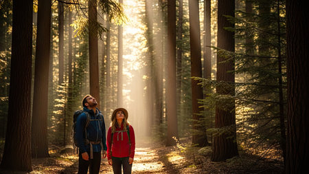 Couple of hikers walking in a forest with sun rays shining through treesの素材