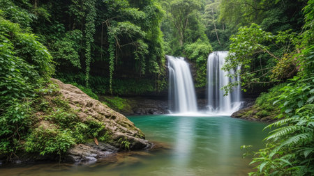 Waterfall in deep rain forest at Kanchanaburi province, Thailandの素材