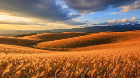 Sunset over the wheat field in Tuscany, Italy.の素材
